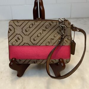 Coach Wristlet Bag Purse Signature Stripe Plaque Logo Canvas Pouch Wallet